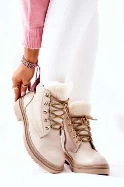 Skórzane Ocieplane Botki Beżowe Khaleni