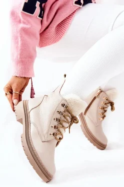 Skórzane Ocieplane Botki Beżowe Khaleni