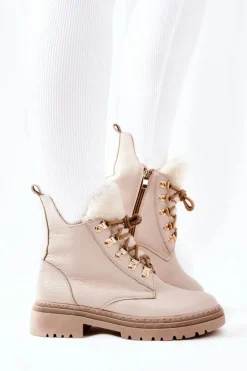 Skórzane Ocieplane Botki Beżowe Khaleni