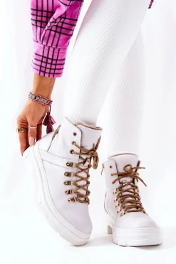 Skórzane Ocieplane Botki Biało-Beżowe Brescia