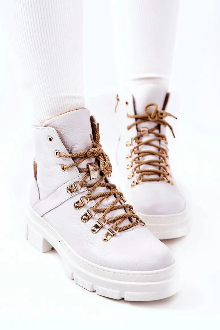 Skórzane Ocieplane Botki Biało-Beżowe Brescia