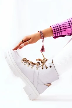 Skórzane Ocieplane Botki Biało-Beżowe Brescia