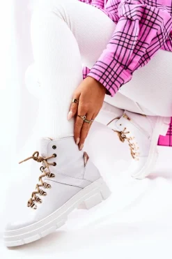 Skórzane Ocieplane Botki Biało-Beżowe Brescia