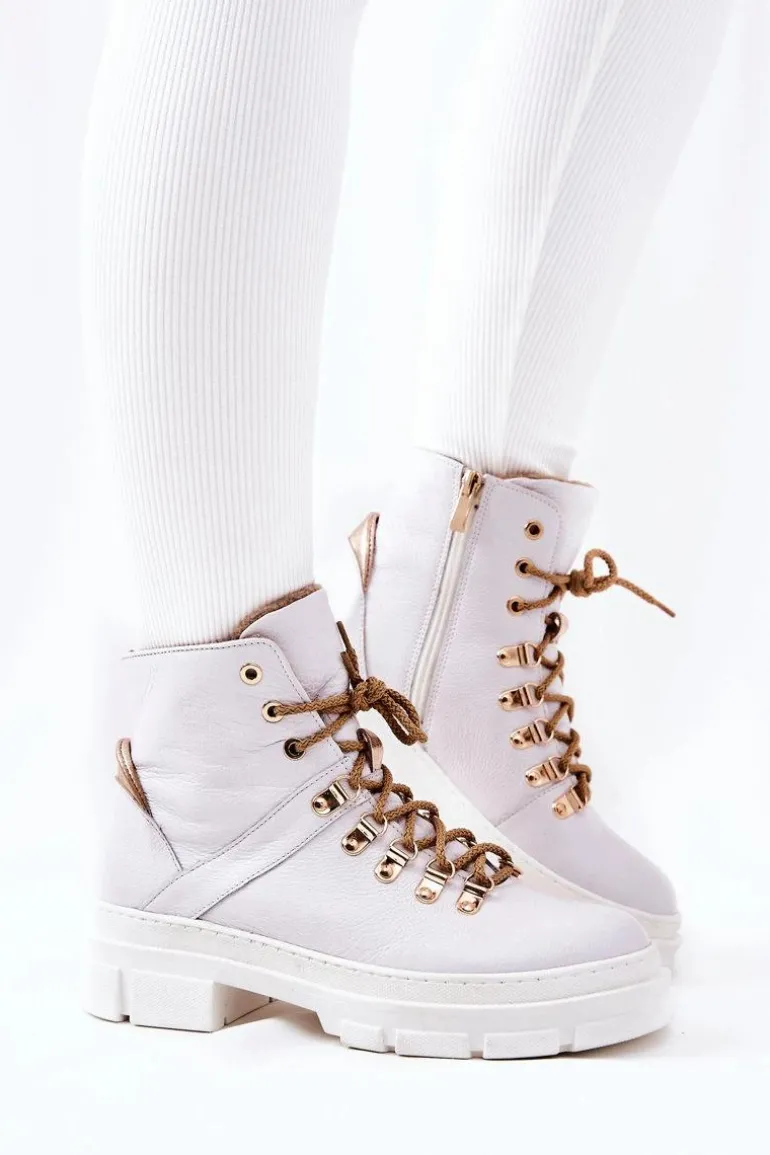 Skórzane Ocieplane Botki Biało-Beżowe Brescia