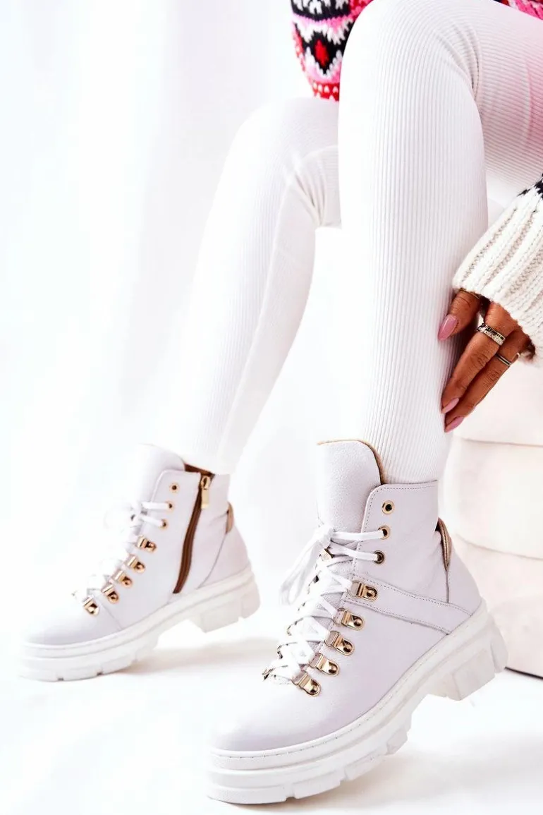 Skórzane Ocieplane Botki Białe Brescia