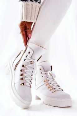 Skórzane Ocieplane Botki Białe Brescia