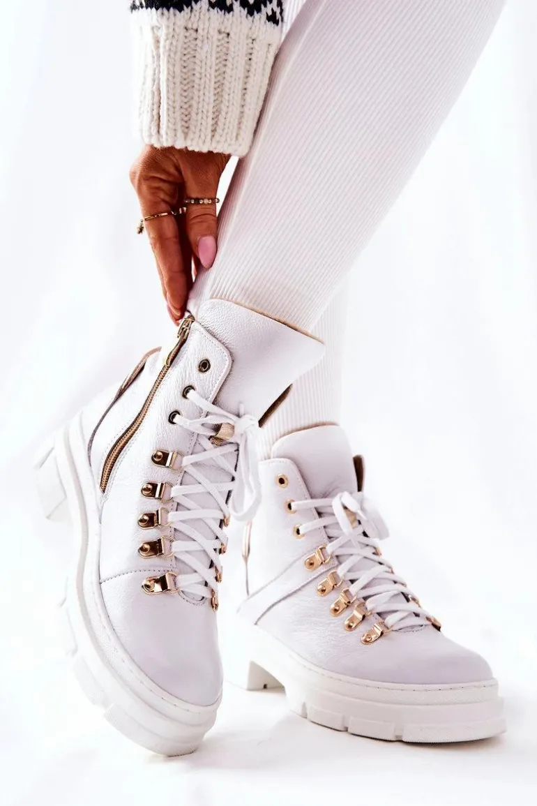 Skórzane Ocieplane Botki Białe Brescia