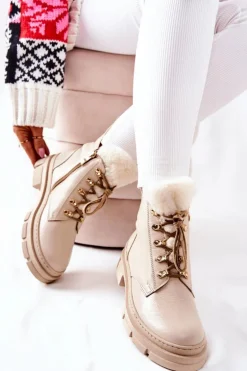 Skórzane Ocieplane Botki Beżowe Molissa