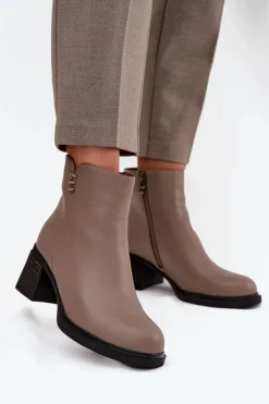 Skórzane Ocieplane Botki Damskie Na Klocku Vinceza 91159 Ciemnobeżowe