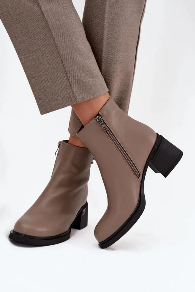 Skórzane Ocieplane Botki Damskie Na Klocku Vinceza 91159 Ciemnobeżowe