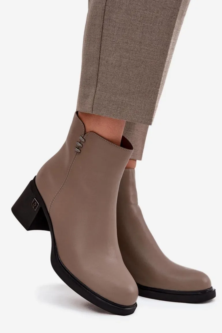 Skórzane Ocieplane Botki Damskie Na Klocku Vinceza 91159 Ciemnobeżowe