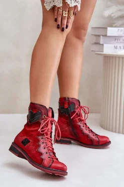 Skórzane Ocieplane Botki Damskie Na Płaskim Obcasie Maciejka 06106-08 Czerwone
