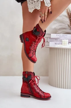 Skórzane Ocieplane Botki Damskie Na Płaskim Obcasie Maciejka 06106-08 Czerwone