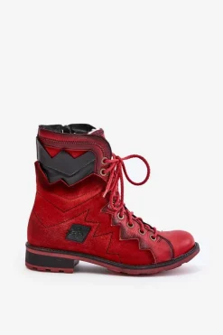 Skórzane Ocieplane Botki Damskie Na Płaskim Obcasie Maciejka 06106-08 Czerwone