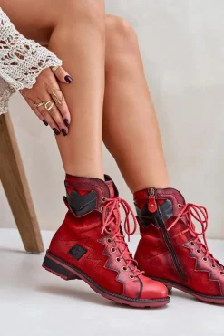 Skórzane Ocieplane Botki Damskie Na Płaskim Obcasie Maciejka 06106-08 Czerwone