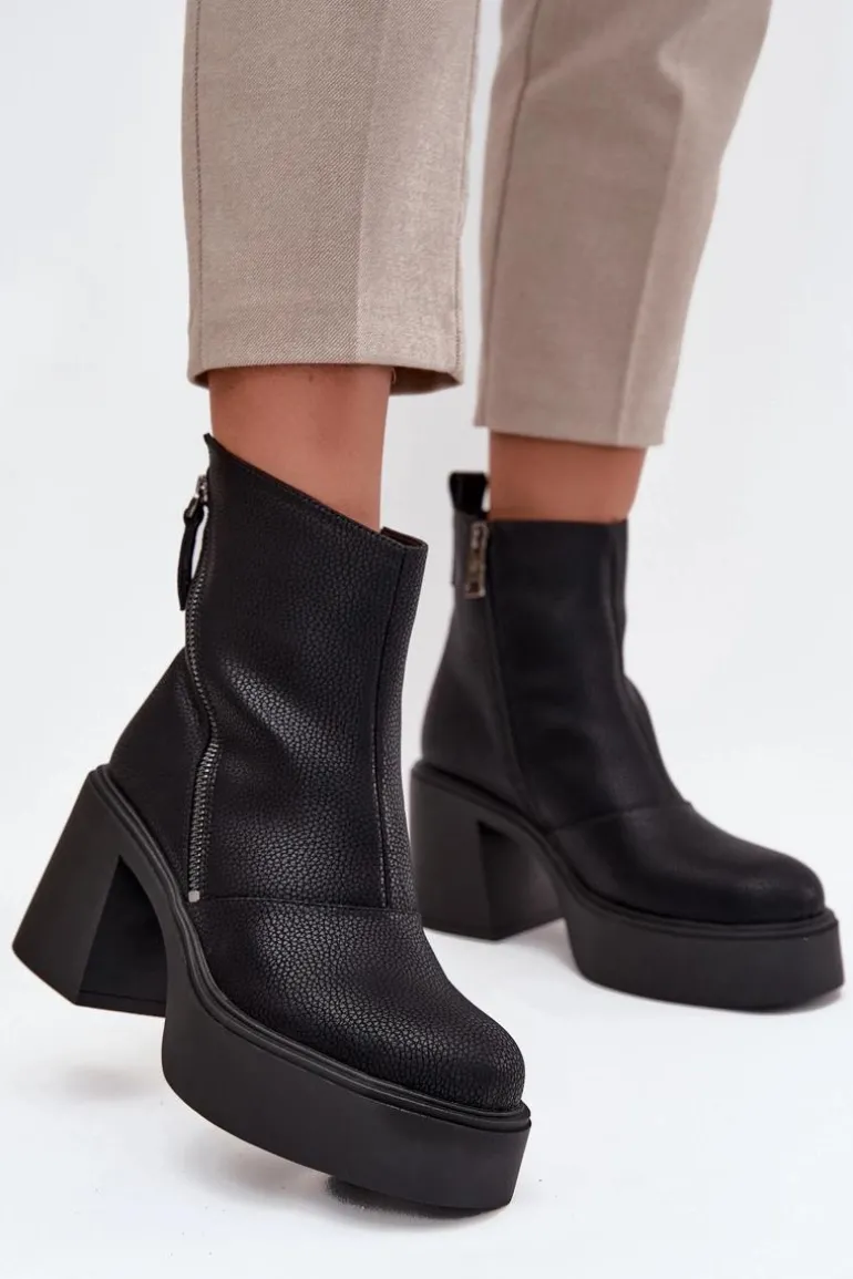 Skórzane Ocieplane Botki Damskie Na Słupku I Platformie Vinceza 66831 Czarne