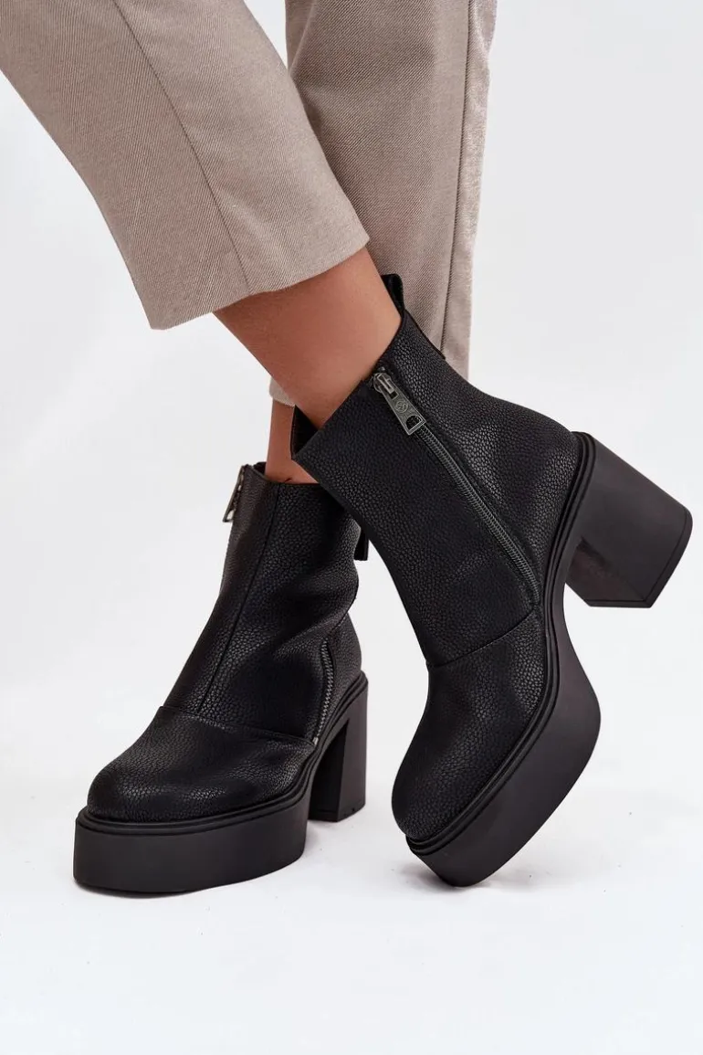 Skórzane Ocieplane Botki Damskie Na Słupku I Platformie Vinceza 66831 Czarne