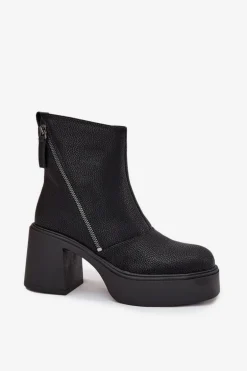 Skórzane Ocieplane Botki Damskie Na Słupku I Platformie Vinceza 66831 Czarne