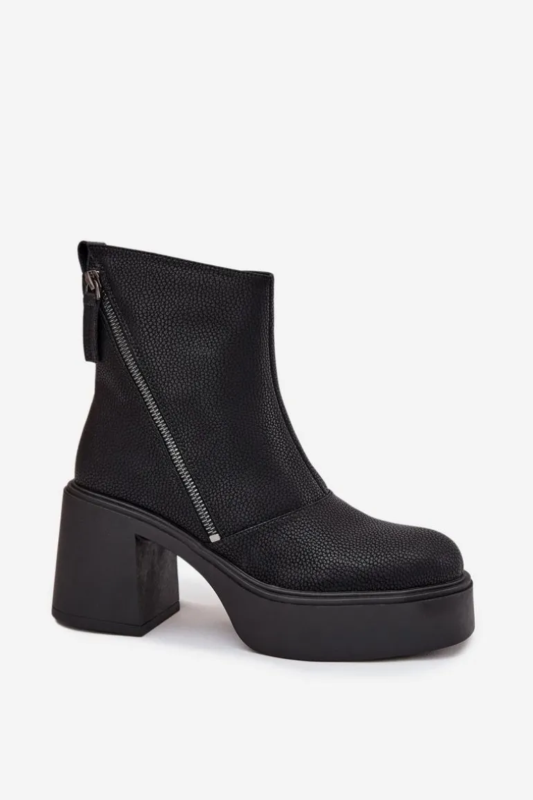 Skórzane Ocieplane Botki Damskie Na Słupku I Platformie Vinceza 66831 Czarne