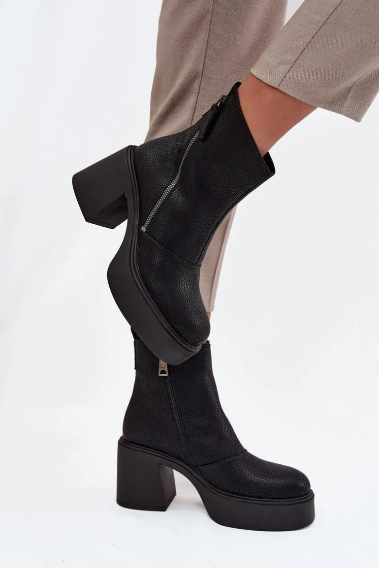 Skórzane Ocieplane Botki Damskie Na Słupku I Platformie Vinceza 66831 Czarne