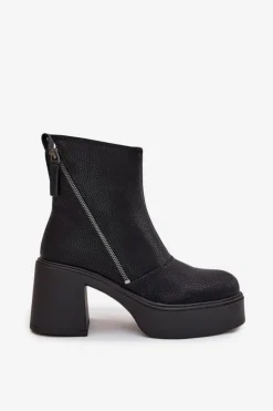 Skórzane Ocieplane Botki Damskie Na Słupku I Platformie Vinceza 66831 Czarne