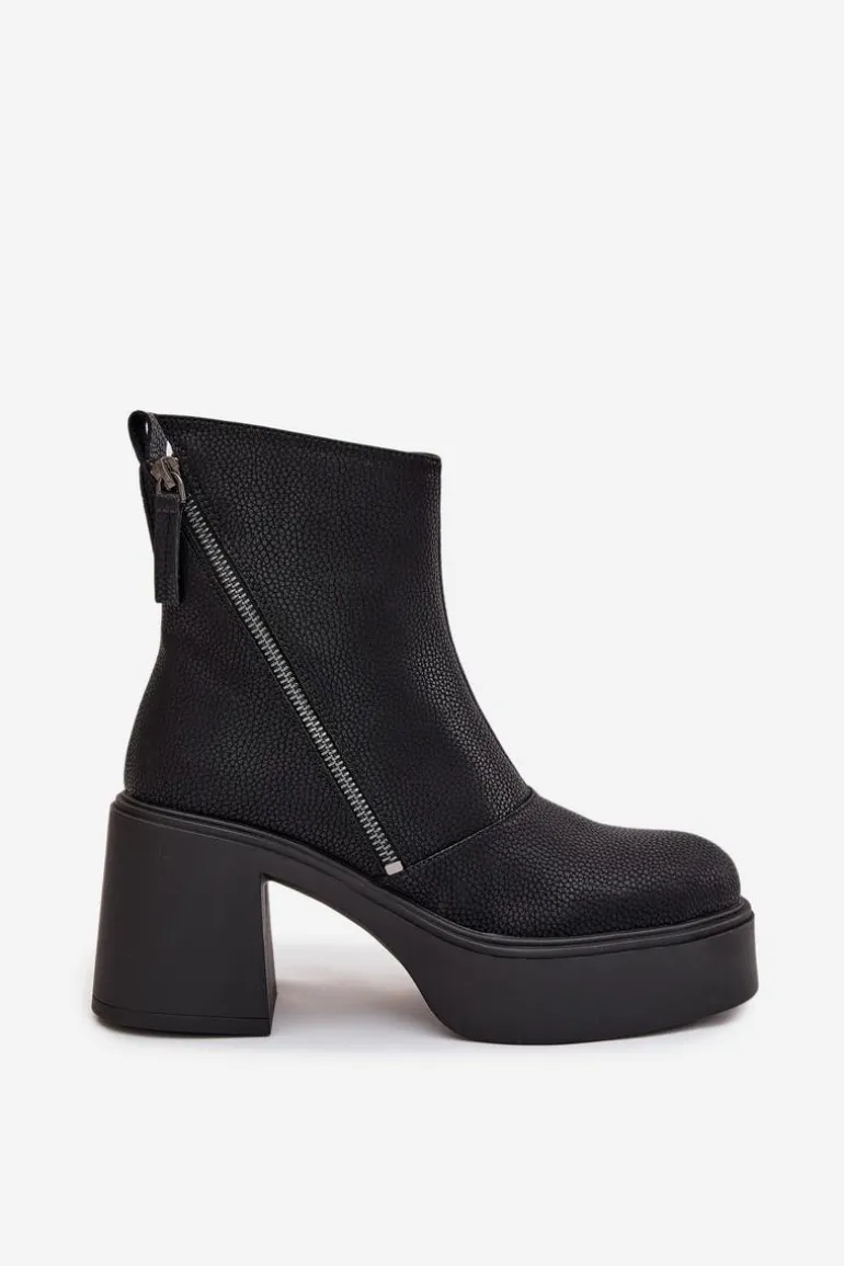 Skórzane Ocieplane Botki Damskie Na Słupku I Platformie Vinceza 66831 Czarne