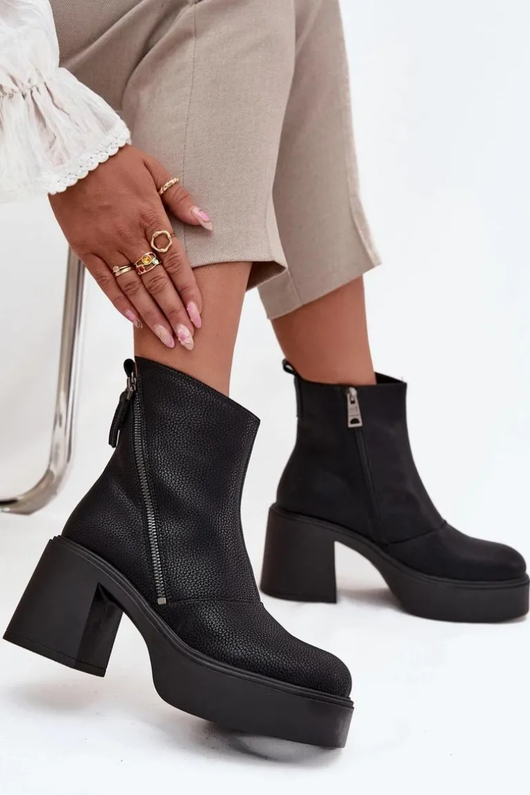 Skórzane Ocieplane Botki Damskie Na Słupku I Platformie Vinceza 66831 Czarne