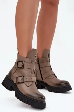 Skórzane Ocieplane Botki Damskie Z Klamrami I Ozdobnym Detalem Zazoo 60482 Ciemnobeżowe