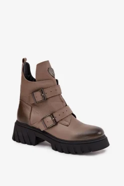 Skórzane Ocieplane Botki Damskie Z Klamrami I Ozdobnym Detalem Zazoo 60482 Ciemnobeżowe