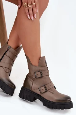 Skórzane Ocieplane Botki Damskie Z Klamrami I Ozdobnym Detalem Zazoo 60482 Ciemnobeżowe