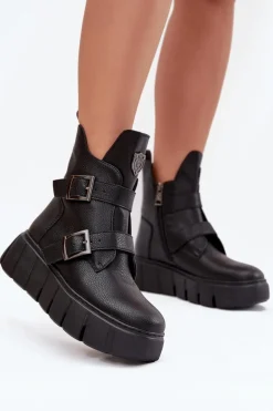 Skórzane Ocieplane Botki Damskie Na Platformie Z Klamrami Vinceza 66842 Czarne