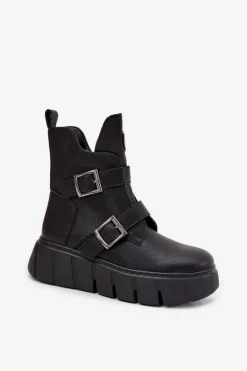 Skórzane Ocieplane Botki Damskie Na Platformie Z Klamrami Vinceza 66842 Czarne