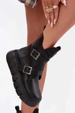 Skórzane Ocieplane Botki Damskie Na Platformie Z Klamrami Vinceza 66842 Czarne