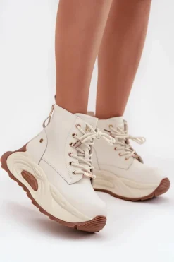 Skórzane Ocieplane Botki Damskie Na Platformie GOE SS2N4300 Jasnobeżowe