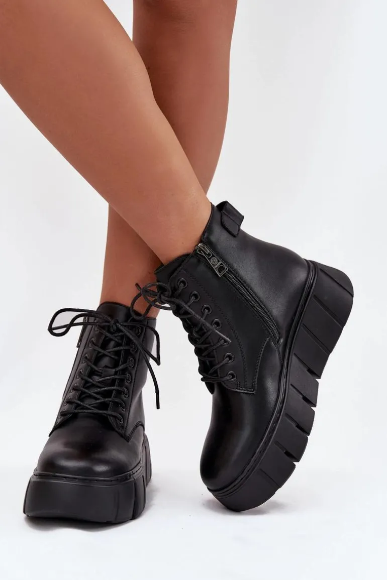 Skórzane Ocieplane Botki Damskie Na Platformie Vinceza 66803 Czarne