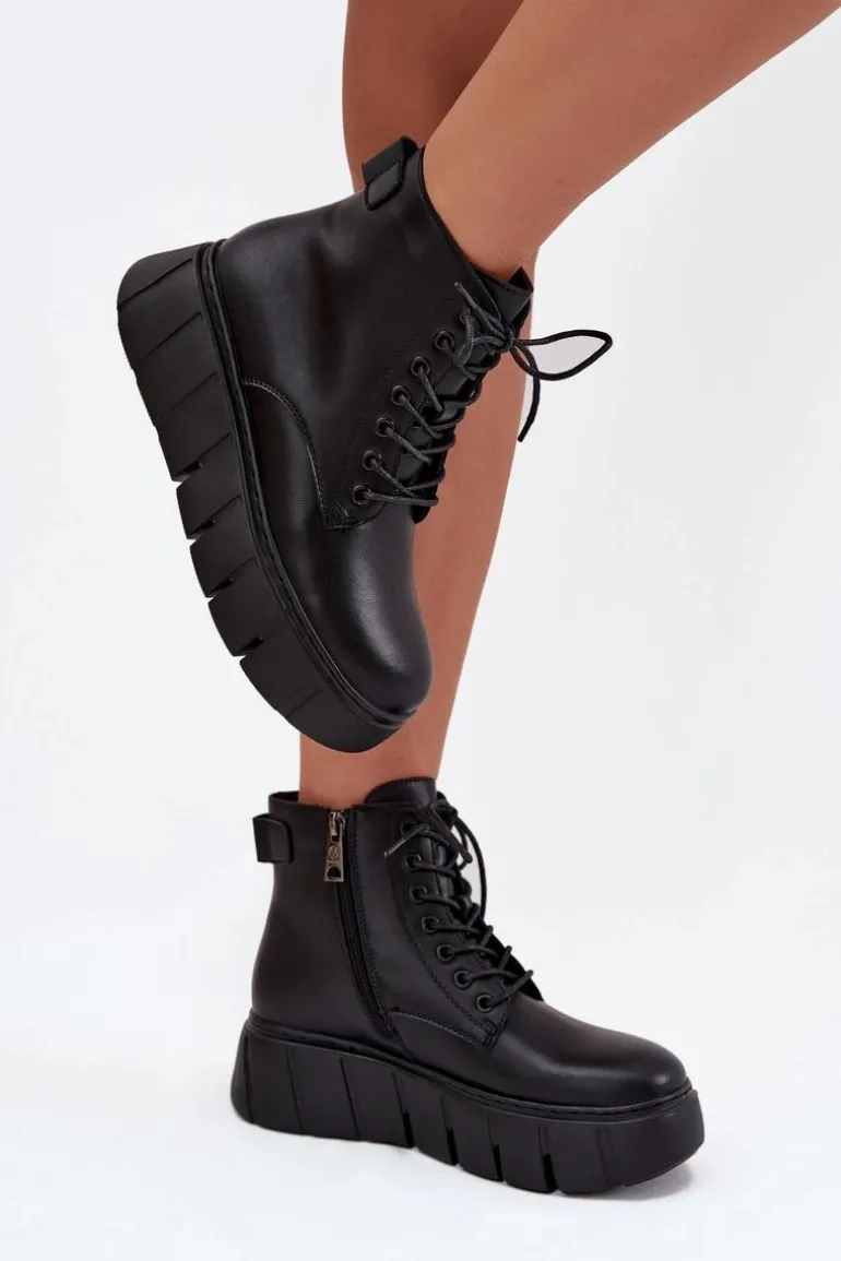 Skórzane Ocieplane Botki Damskie Na Platformie Vinceza 66803 Czarne