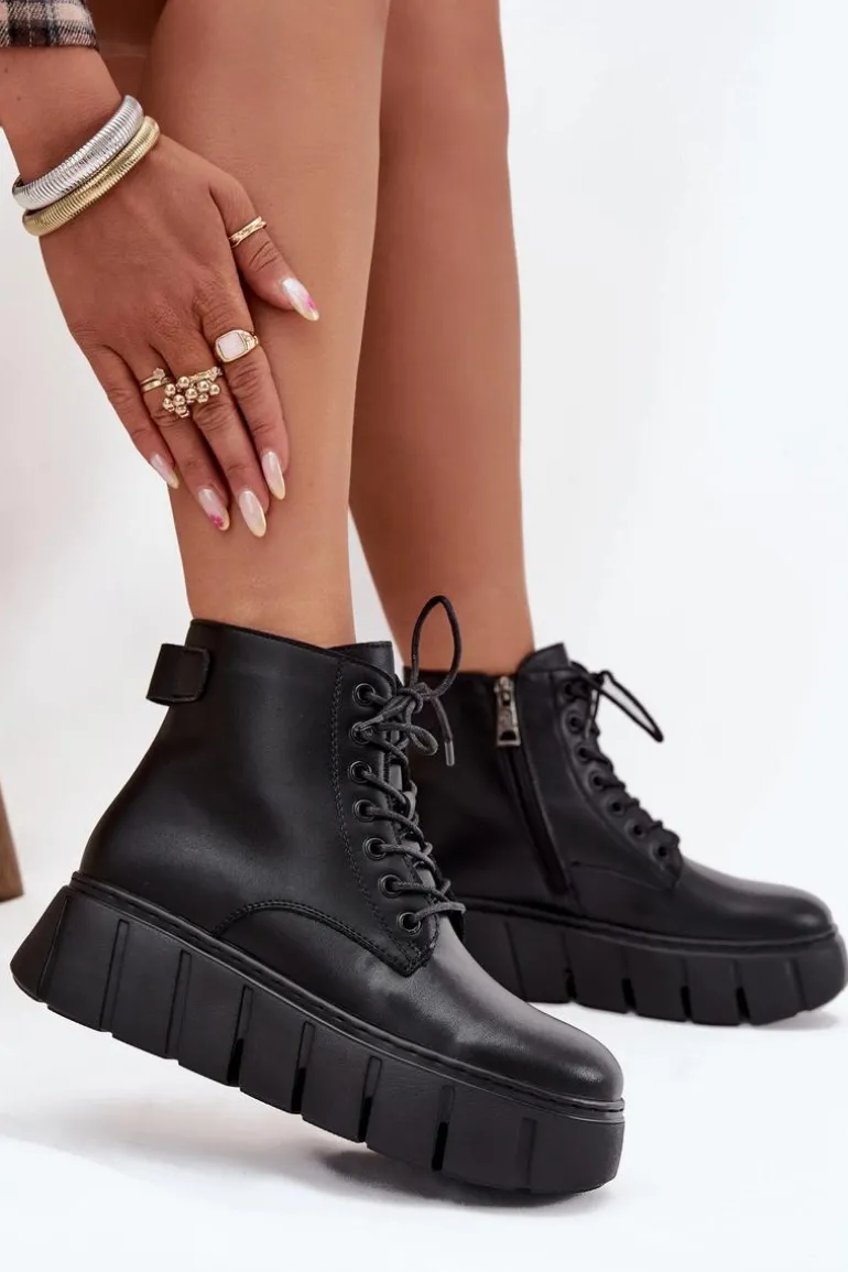 Skórzane Ocieplane Botki Damskie Na Platformie Vinceza 66803 Czarne