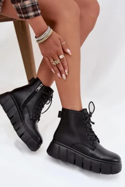 Skórzane Ocieplane Botki Damskie Na Platformie Vinceza 66803 Czarne