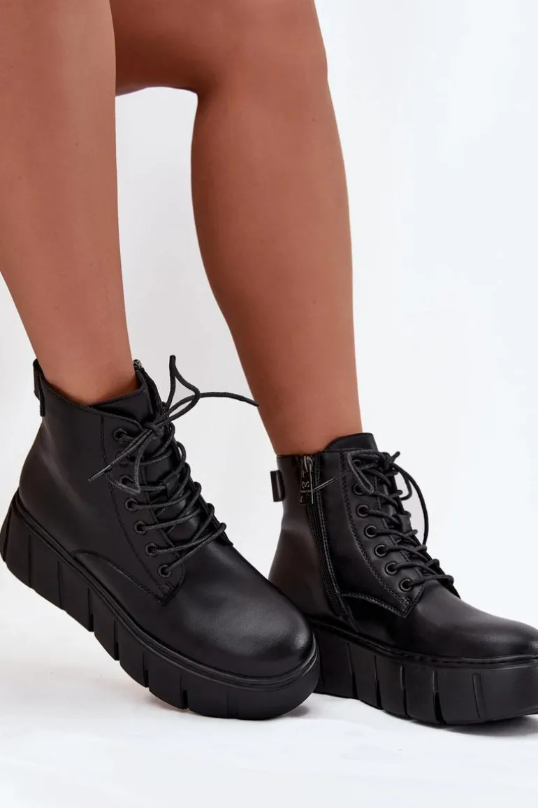 Skórzane Ocieplane Botki Damskie Na Platformie Vinceza 66803 Czarne