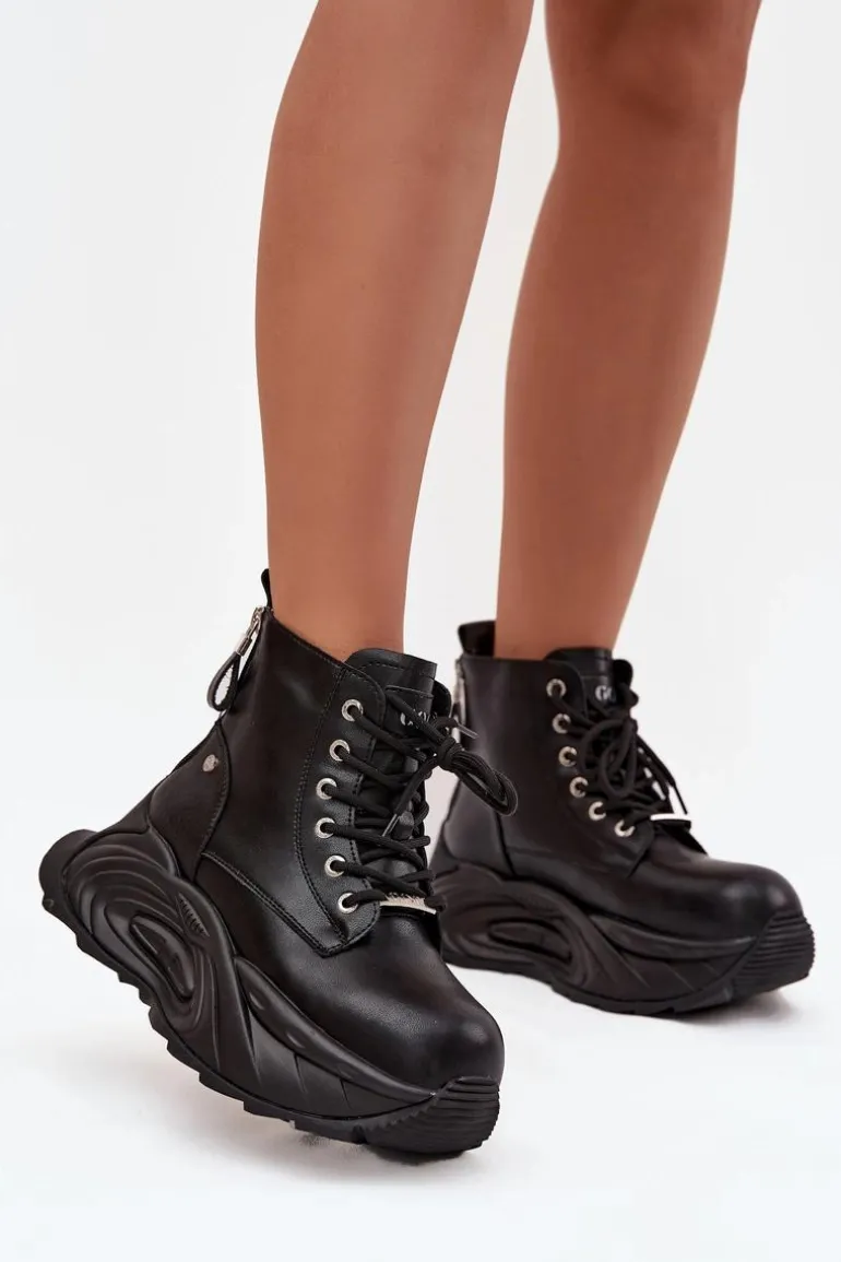 Skórzane Ocieplane Botki Damskie Na Platformie GOE SS2N4301 Czarne