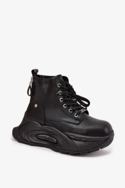 Skórzane Ocieplane Botki Damskie Na Platformie GOE SS2N4301 Czarne