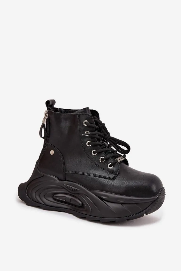 Skórzane Ocieplane Botki Damskie Na Platformie GOE SS2N4301 Czarne