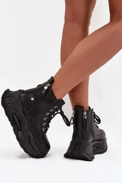 Skórzane Ocieplane Botki Damskie Na Platformie GOE SS2N4301 Czarne