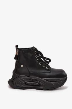 Skórzane Ocieplane Botki Damskie Na Platformie GOE SS2N4301 Czarne