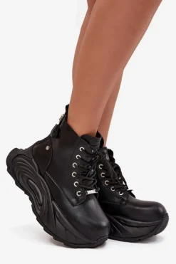 Skórzane Ocieplane Botki Damskie Na Platformie GOE SS2N4301 Czarne