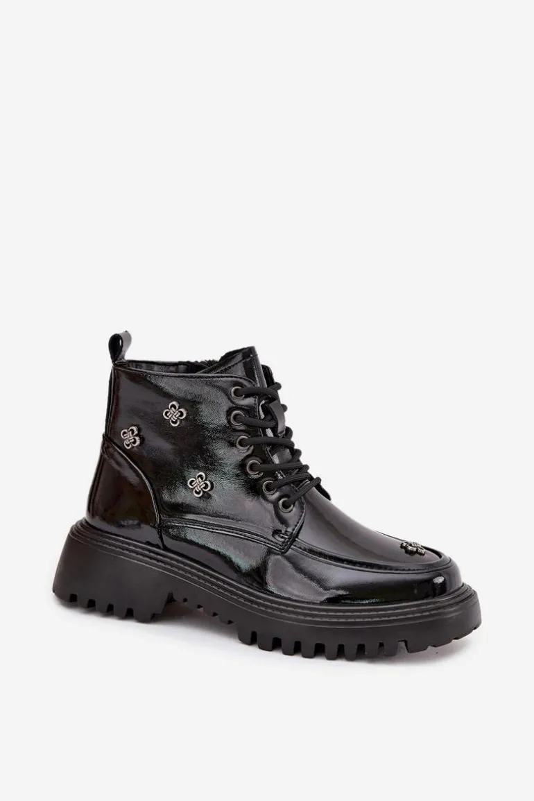 Skórzane Ocieplane Botki Damskie Z Ozdobami Lakierowane Artiker 57C0345 Czarne