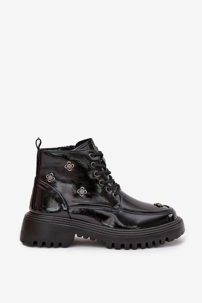 Skórzane Ocieplane Botki Damskie Z Ozdobami Lakierowane Artiker 57C0345 Czarne