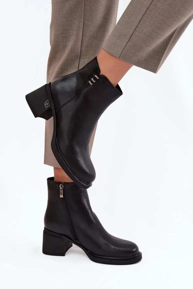 Skórzane Ocieplane Botki Damskie Na Klocku Vinceza 91159 Czarne