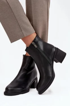Skórzane Ocieplane Botki Damskie Na Klocku Vinceza 91159 Czarne
