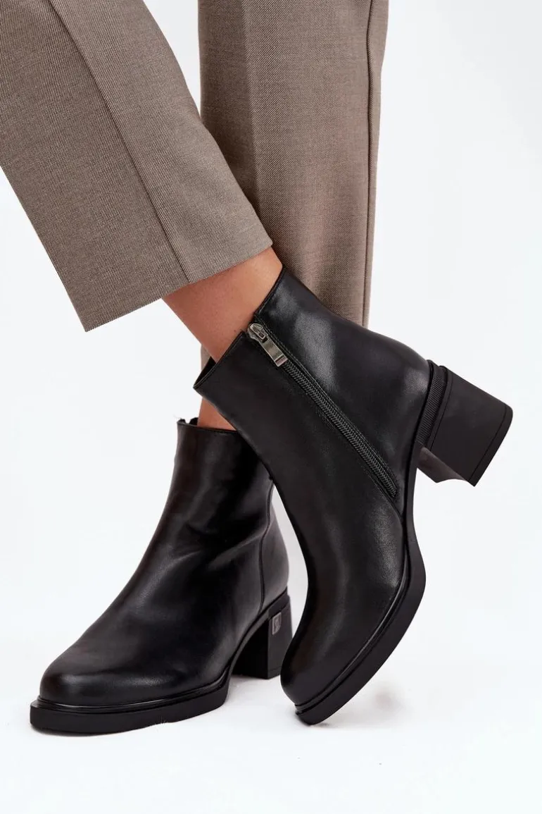 Skórzane Ocieplane Botki Damskie Na Klocku Vinceza 91159 Czarne